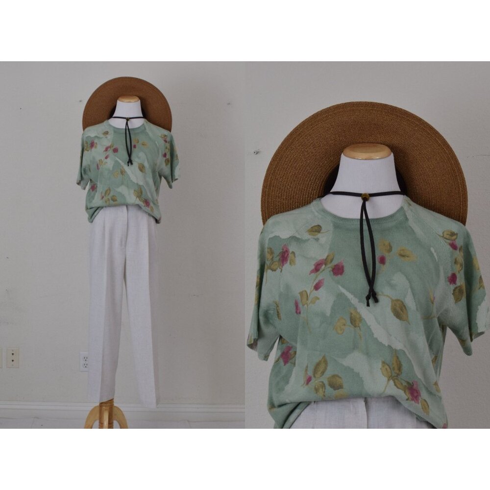 Vintage 90s ramie/acrylic Green Floral‎ Knit Top size M